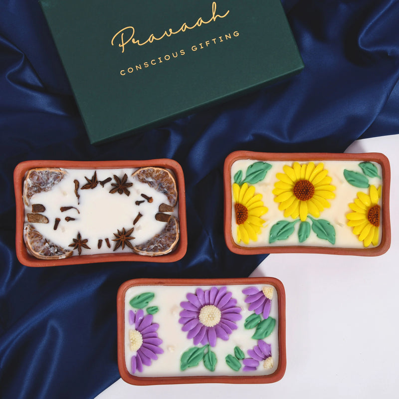 Pravaah Surajmukhi Hand Poured Floral Soy Candle, 4 Wicks in Terracotta Bowl, Jasmine and Bergamot