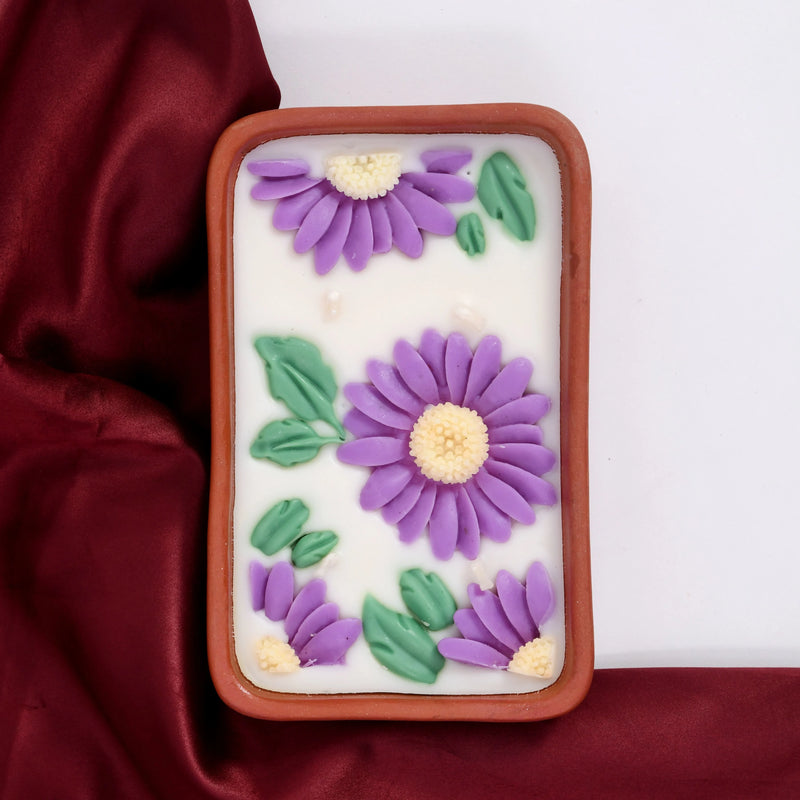 Pravaah Bagh Hand Poured Floral Soy Candle, 4 Wicks in Terracotta Bowl, Lavender Vanilla
