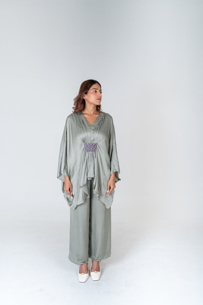 Neora by Nehal Chopra Green-Purple Braided Kaftan Co-ord Set