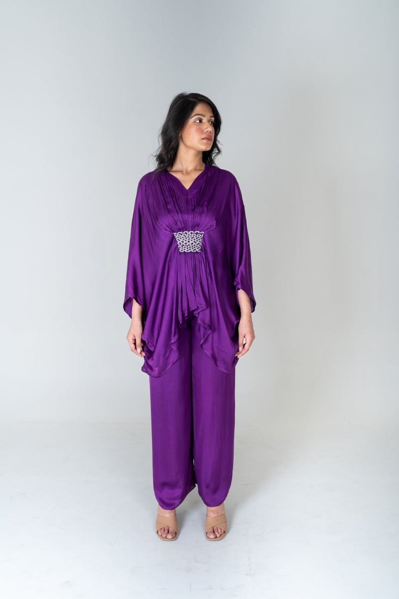 Neora by Nehal Chopra Purple-Green Braided Kaftan Co-ord Set