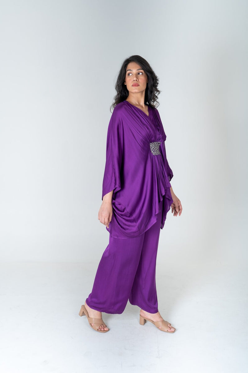 Neora by Nehal Chopra Purple-Green Braided Kaftan Co-ord Set