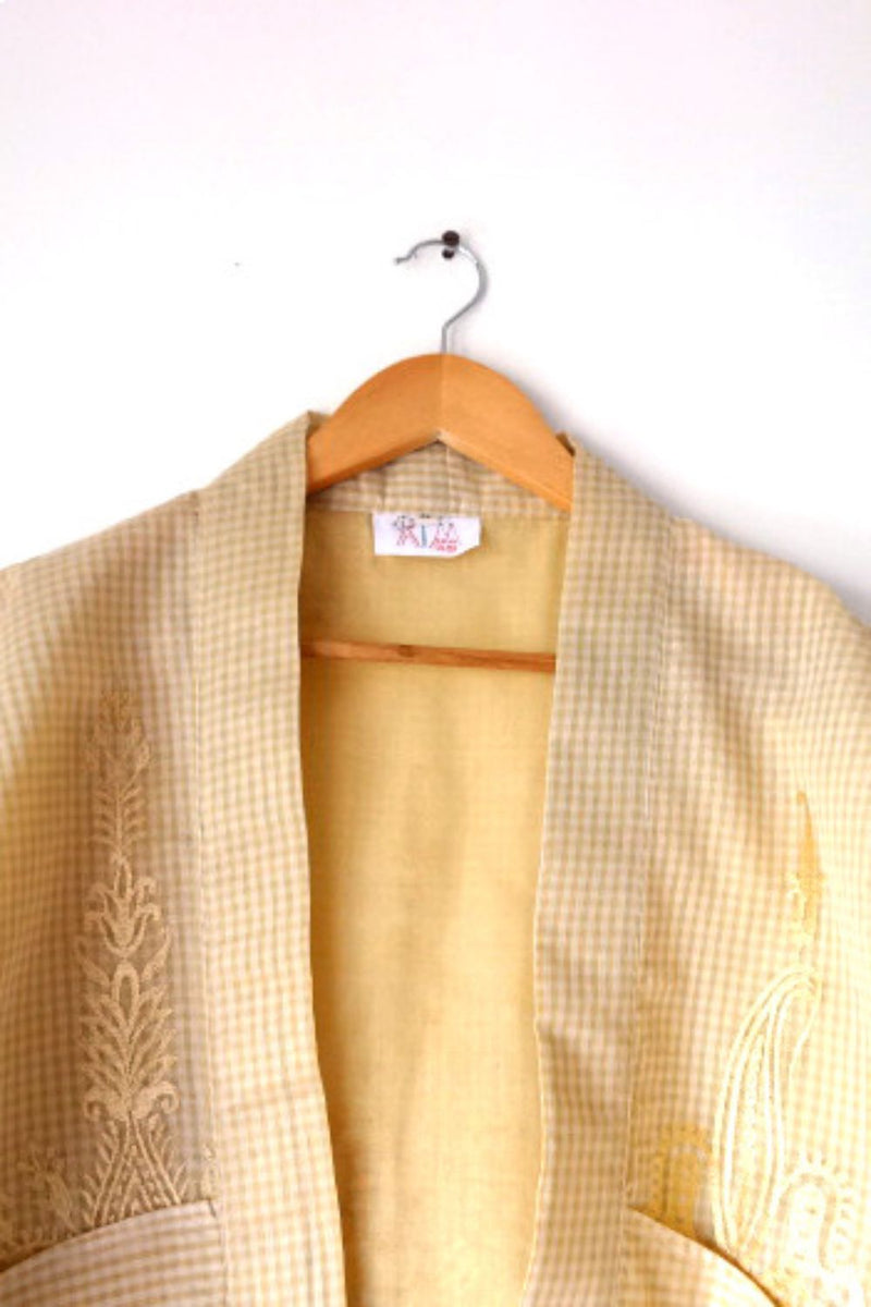 Asian In Me | Crafted from pre-loved handwoven saree | Unisex Cream-golden Kimono Jacket| Yoru-kimono