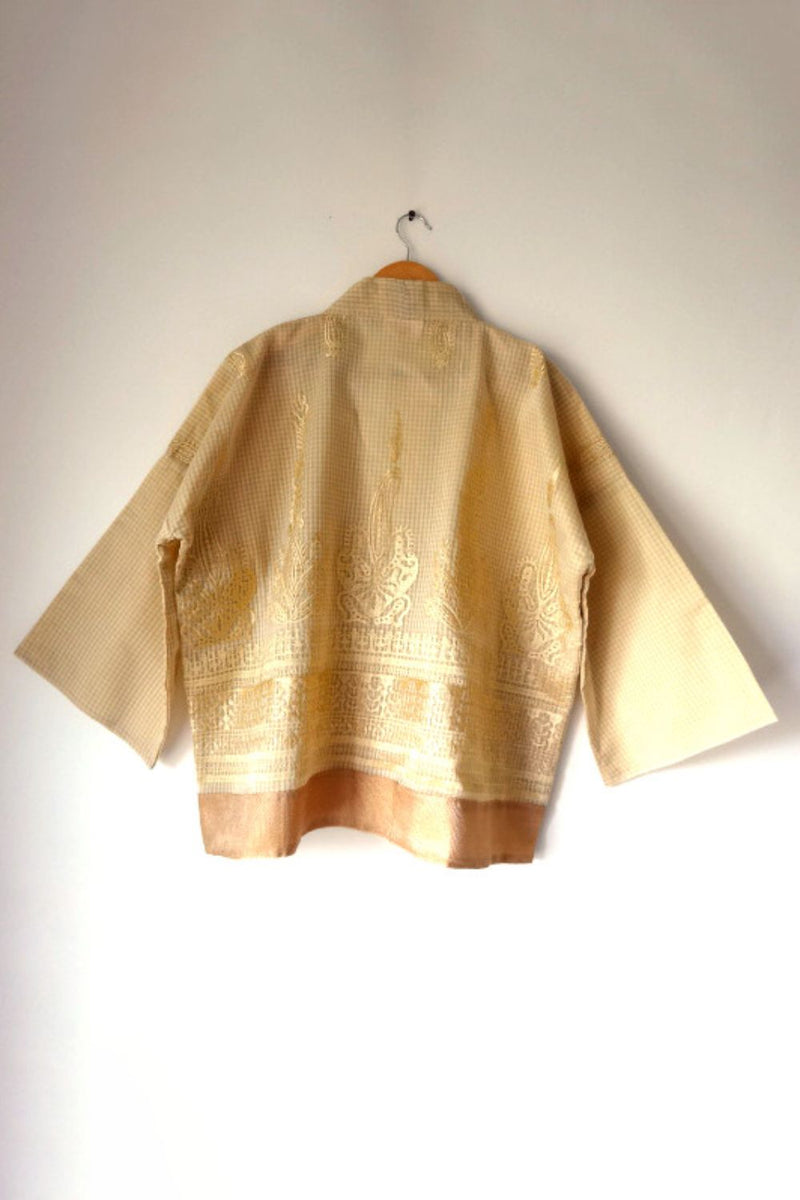 Asian In Me | Crafted from pre-loved handwoven saree | Unisex Cream-golden Kimono Jacket| Yoru-kimono