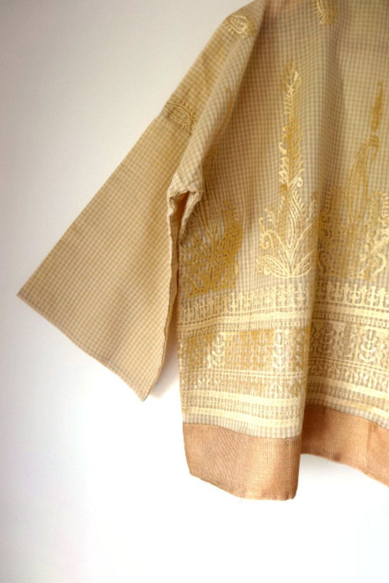 Asian In Me | Crafted from pre-loved handwoven saree | Unisex Cream-golden Kimono Jacket| Yoru-kimono