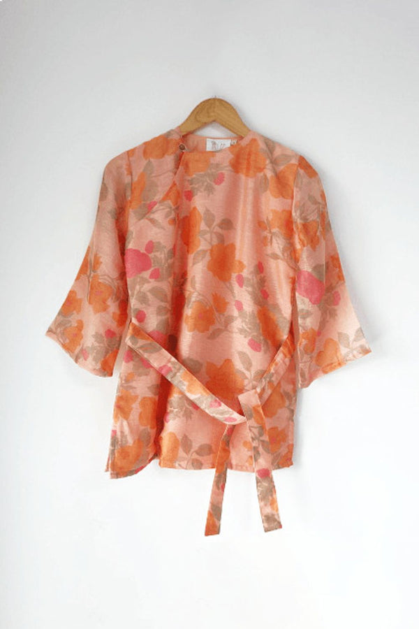 Asian In Me | Cotton-Silk Women's Orange Floral Print Top | Cross-Over Top