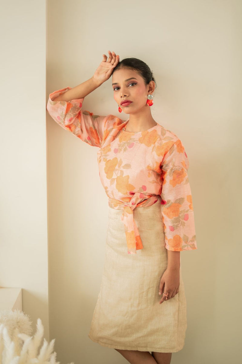 Asian In Me | Cotton-Silk Women's Orange Floral Print Top | Cross-Over Top