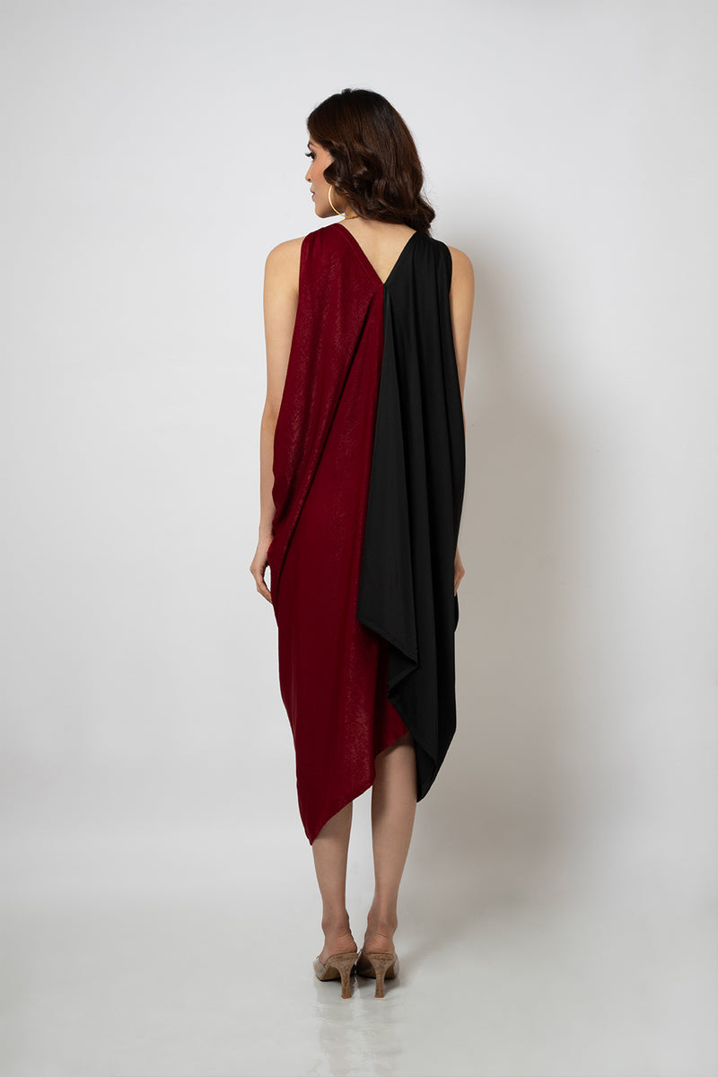 Emotive Fashion Asymmetrical Silk Blend Half Red and Half Black Dress