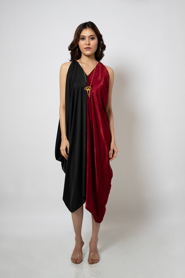 Emotive Fashion Asymmetrical Silk Blend Half Red and Half Black Dress