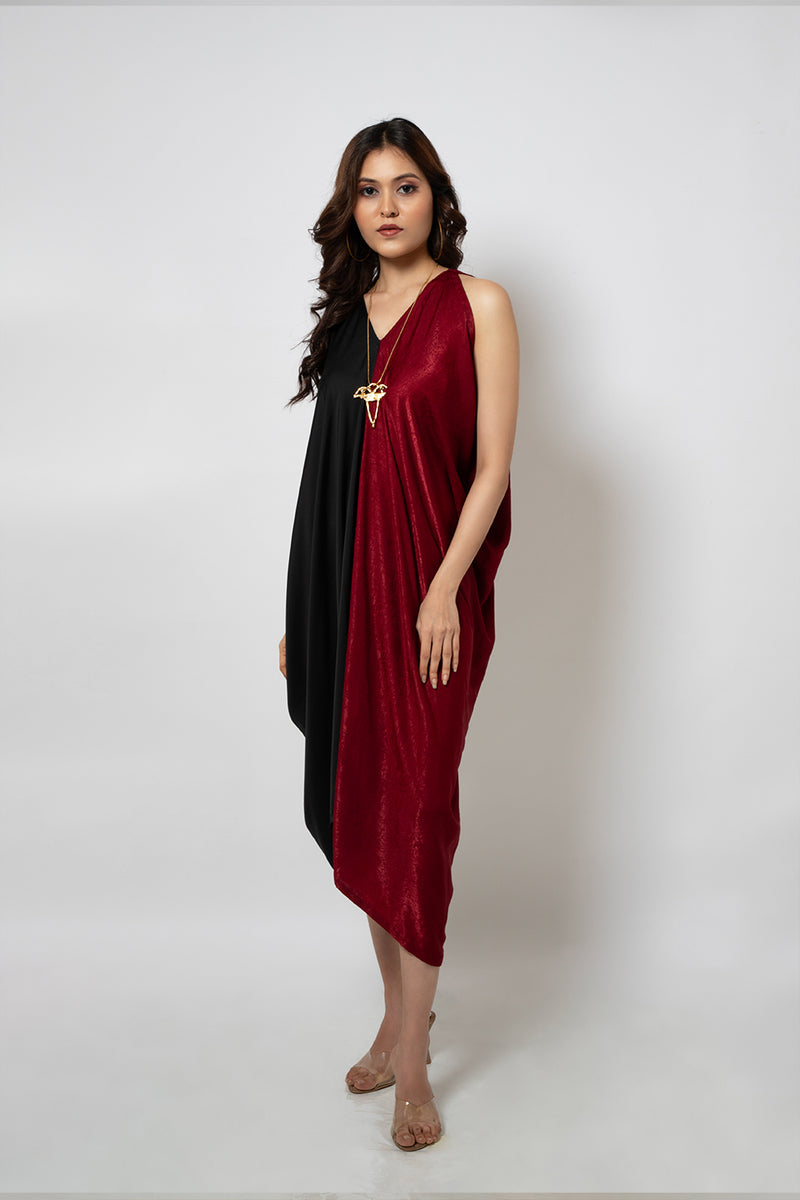 Emotive Fashion Asymmetrical Silk Blend Half Red and Half Black Dress