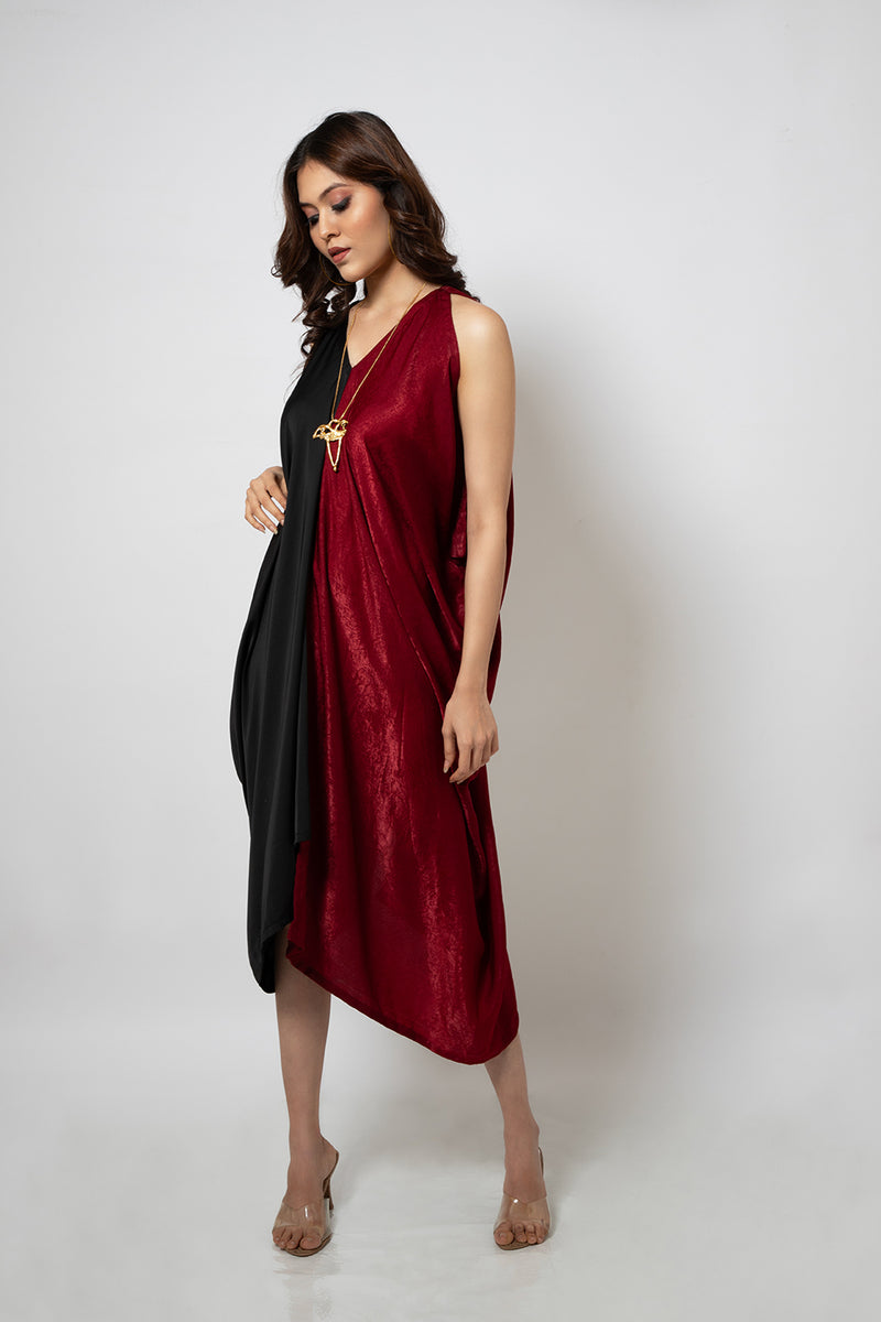 Emotive Fashion Asymmetrical Silk Blend Half Red and Half Black Dress