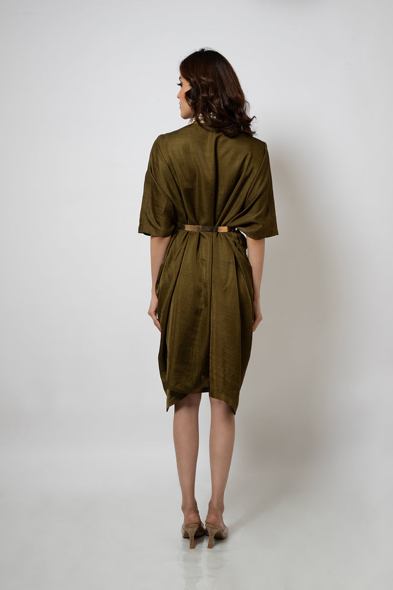 Emotive Fashion Olive Green Zero Waste Silk Blend Dress