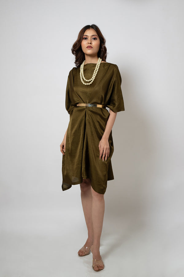 Emotive Fashion Olive Green Zero Waste Silk Blend Dress