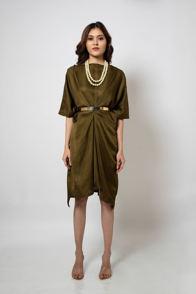 Emotive Fashion Olive Green Zero Waste Silk Blend Dress