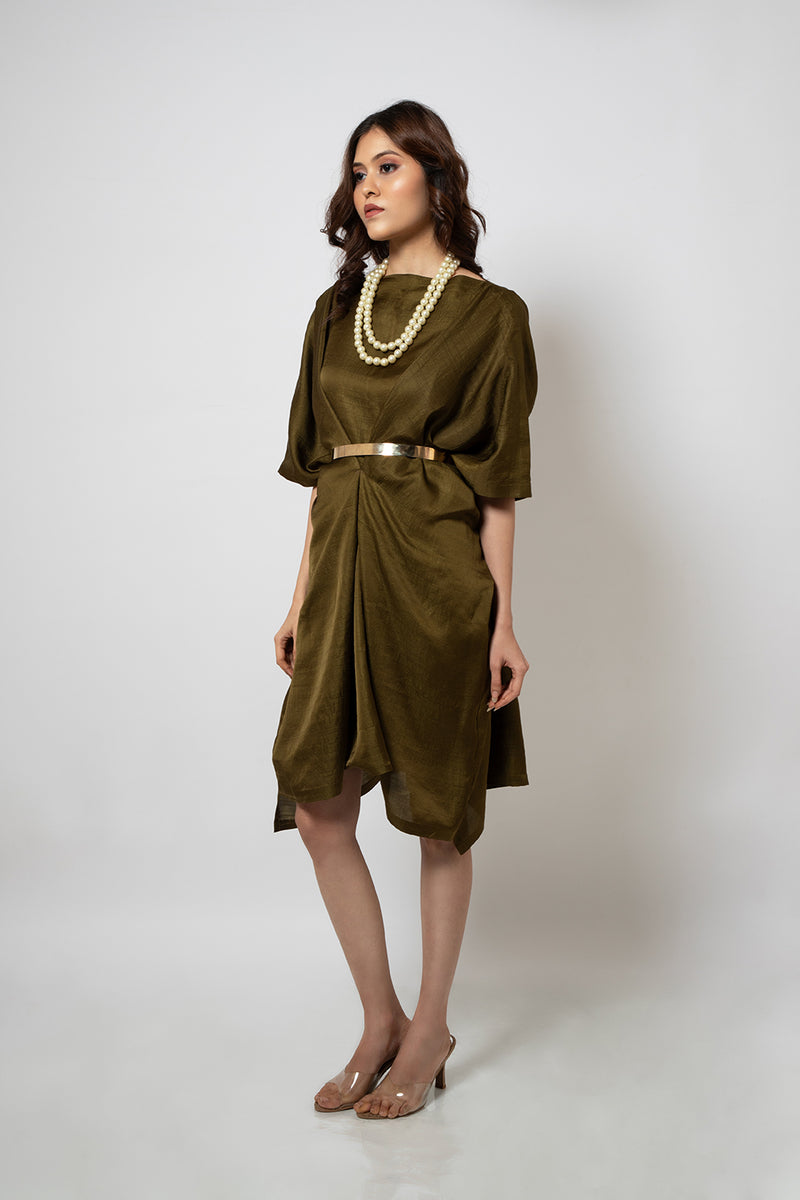 Emotive Fashion Olive Green Zero Waste Silk Blend Dress