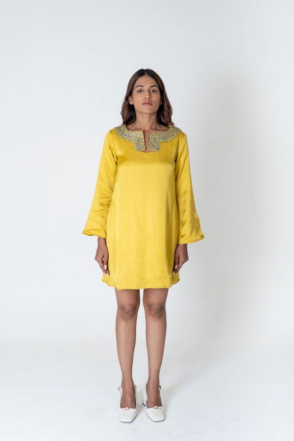 Neora by Nehal Chopra Yellow-Green Braided Collar Short Dress