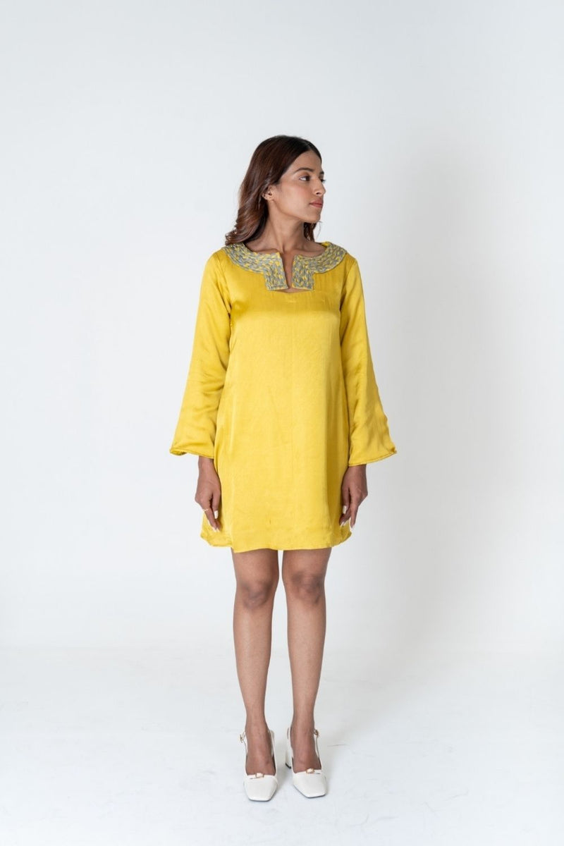 Neora by Nehal Chopra Yellow-Green Braided Collar Short Dress