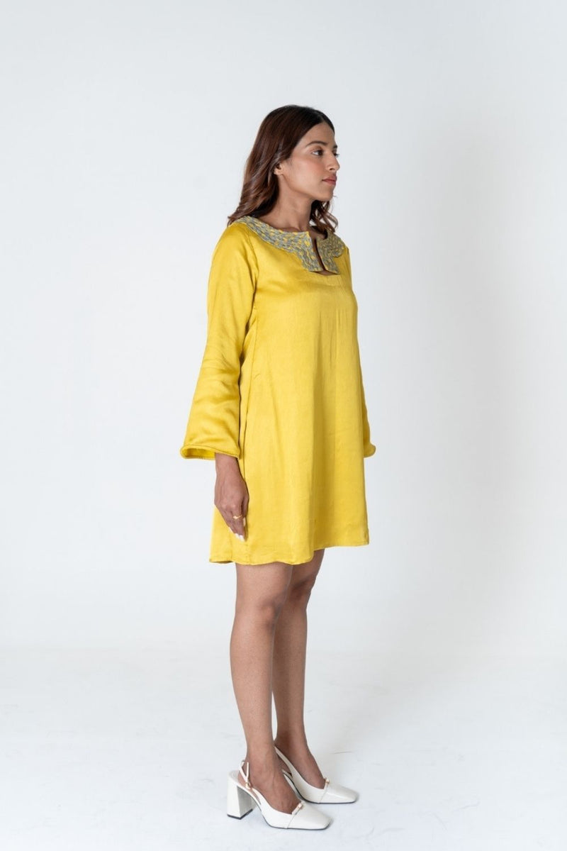 Neora by Nehal Chopra Yellow-Green Braided Collar Short Dress