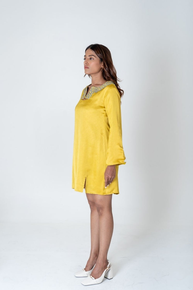 Neora by Nehal Chopra Yellow-Green Braided Collar Short Dress