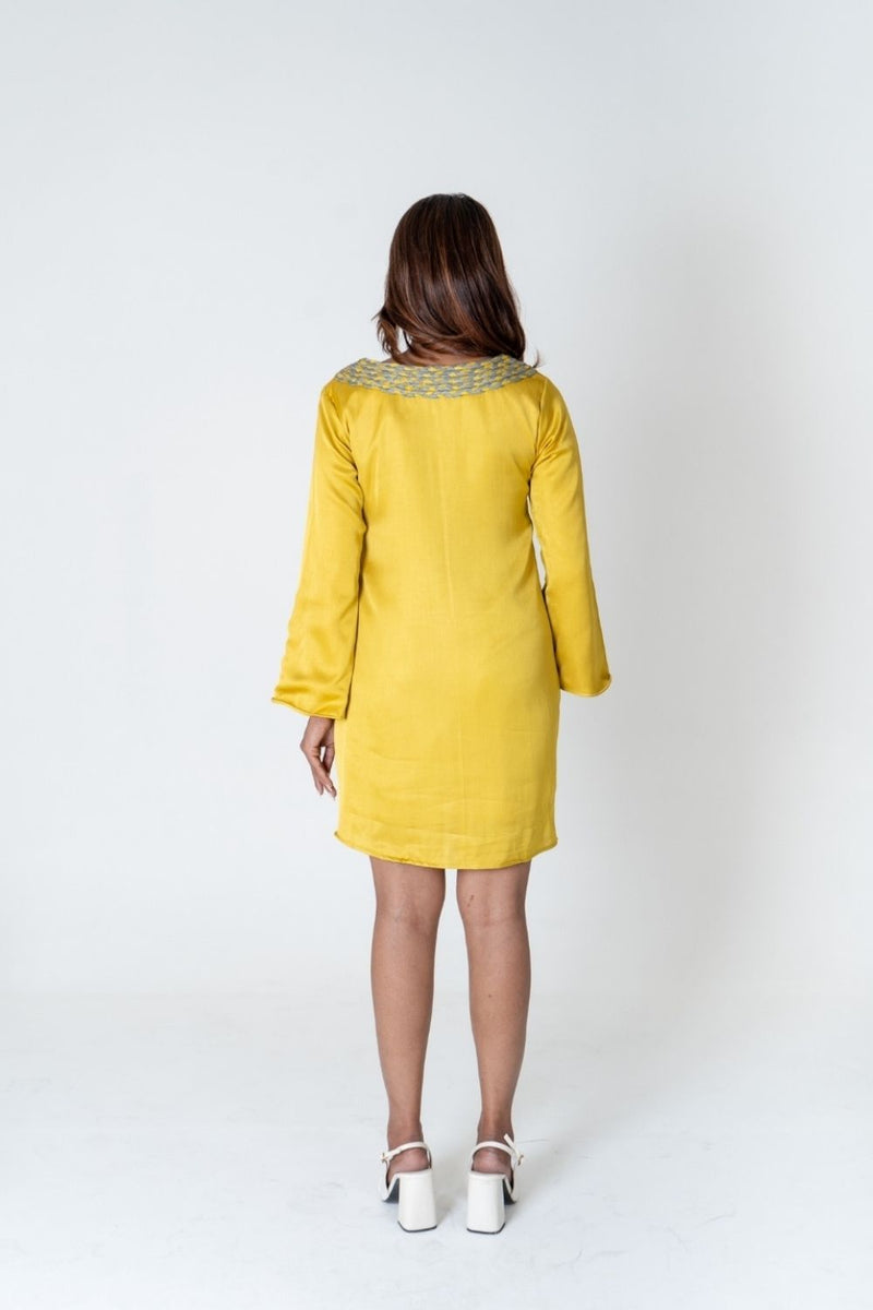 Neora by Nehal Chopra Yellow-Green Braided Collar Short Dress