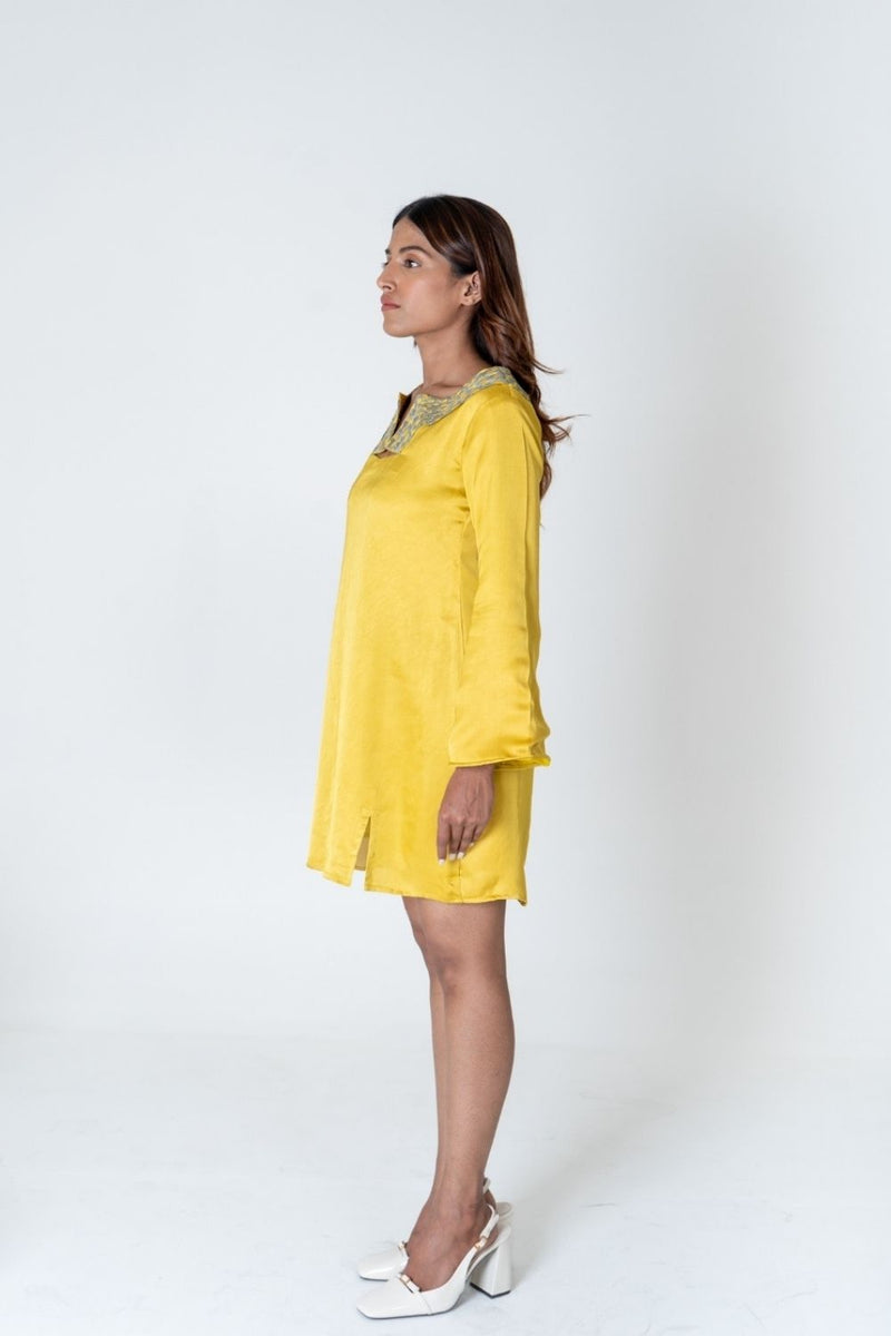 Neora by Nehal Chopra Yellow-Green Braided Collar Short Dress