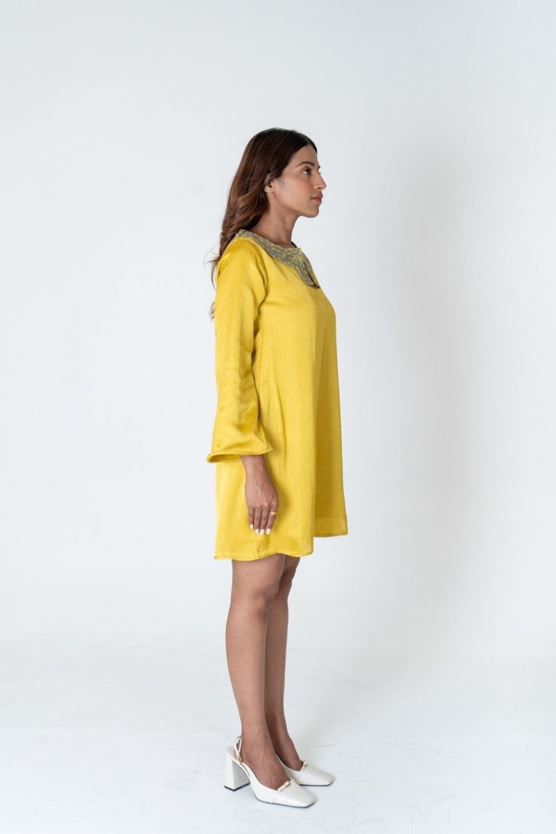 Neora by Nehal Chopra Yellow-Green Braided Collar Short Dress