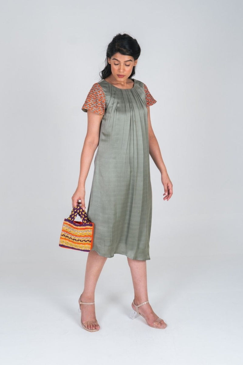 Neora by Nehal Chopra Green-Orange Braided Sleeve Midi Dress