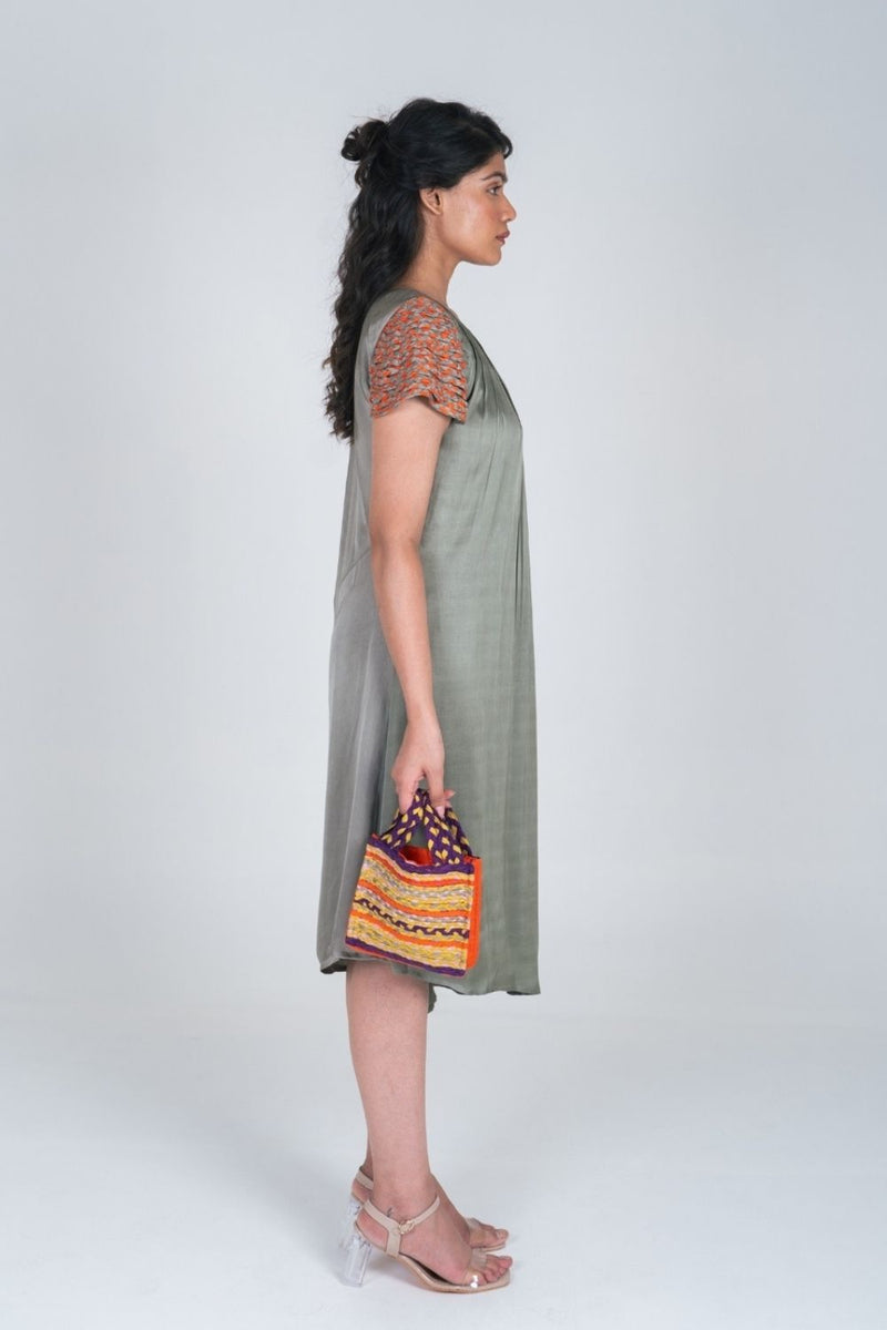 Neora by Nehal Chopra Green-Orange Braided Sleeve Midi Dress