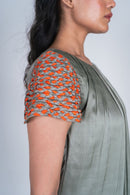 Neora by Nehal Chopra Green-Orange Braided Sleeve Midi Dress