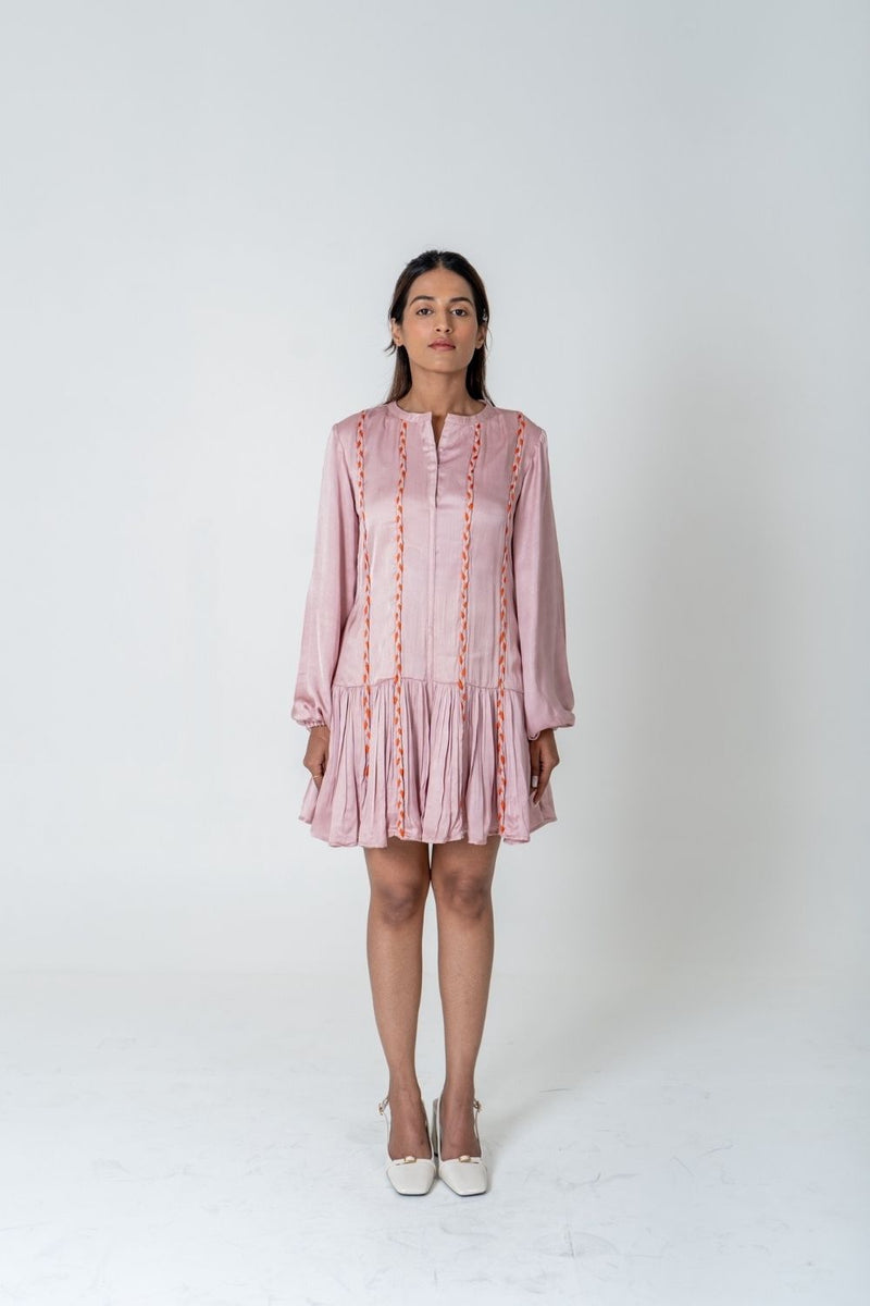 Neora by Nehal Chopra Pink-Orange Braided Short Gather Dress