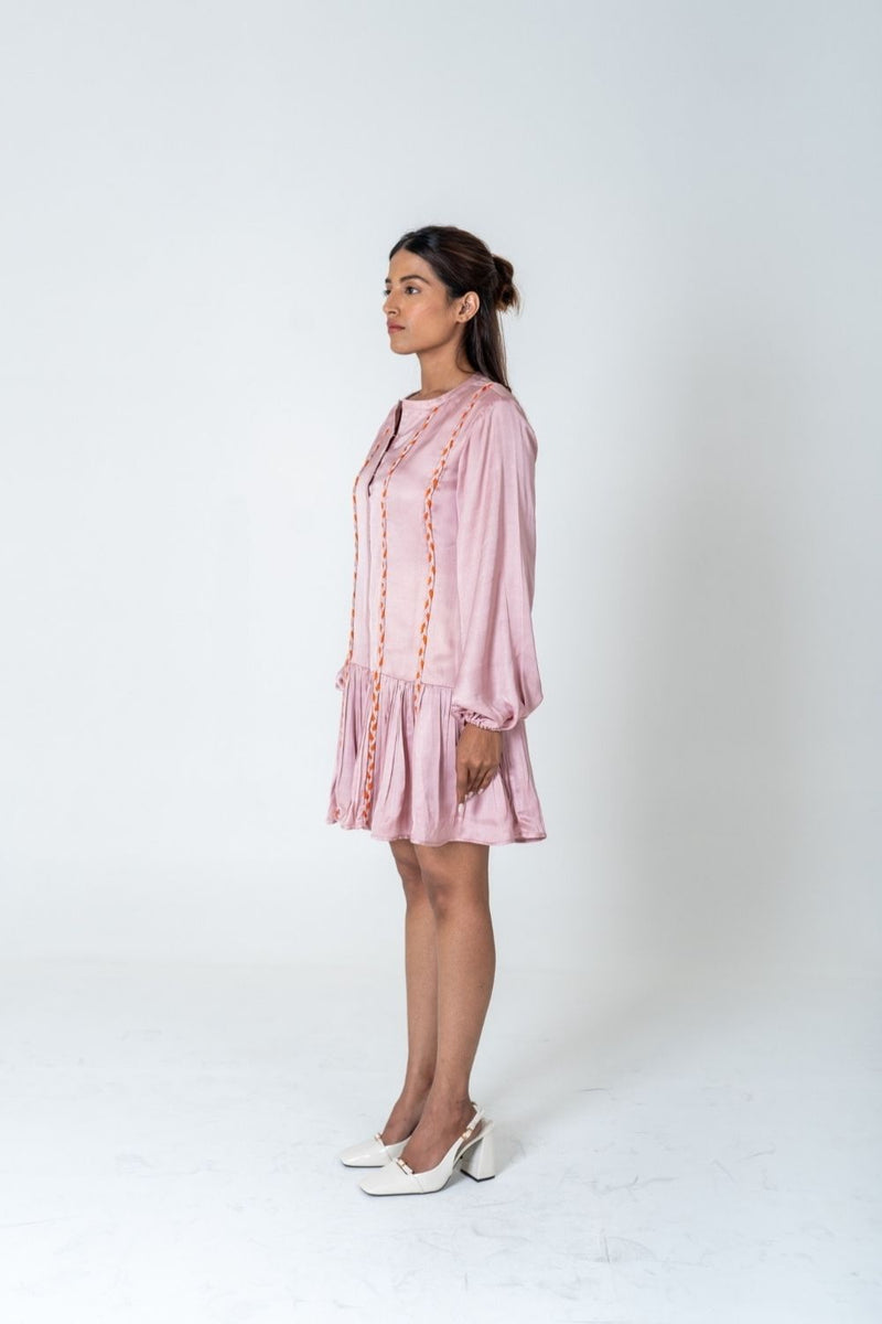 Neora by Nehal Chopra Pink-Orange Braided Short Gather Dress