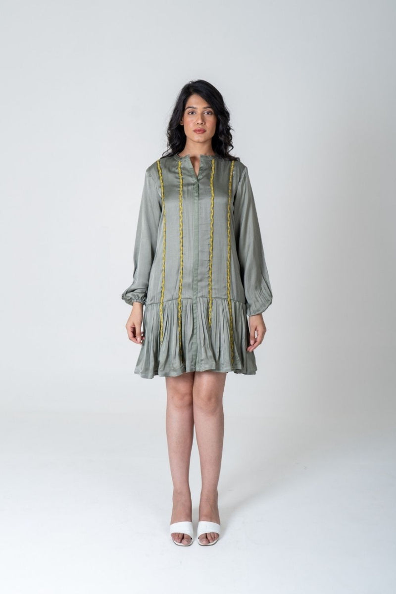 Neora by Nehal Chopra Green-Yellow Braided Short Gather Dress