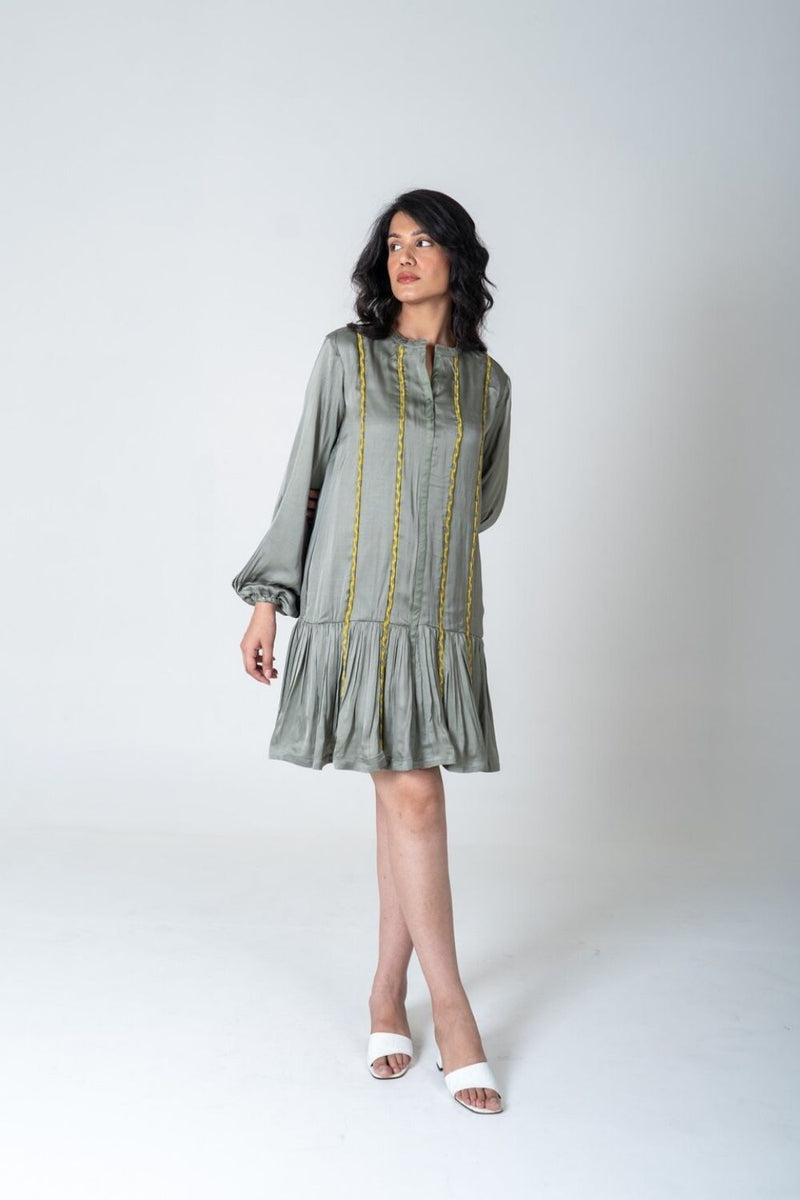 Neora by Nehal Chopra Green-Yellow Braided Short Gather Dress