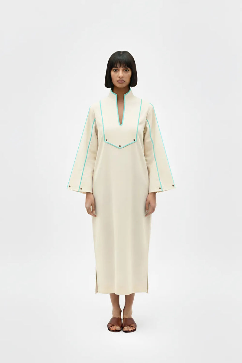 Ivory-Tiffany Blue Collared Stripe Dress