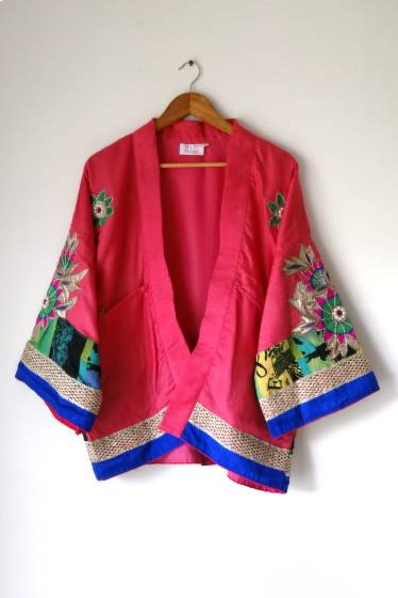 Asian In Me | Crafted from pre-loved saree | Women's Pink Kimono Jacket| Yoru-kimono