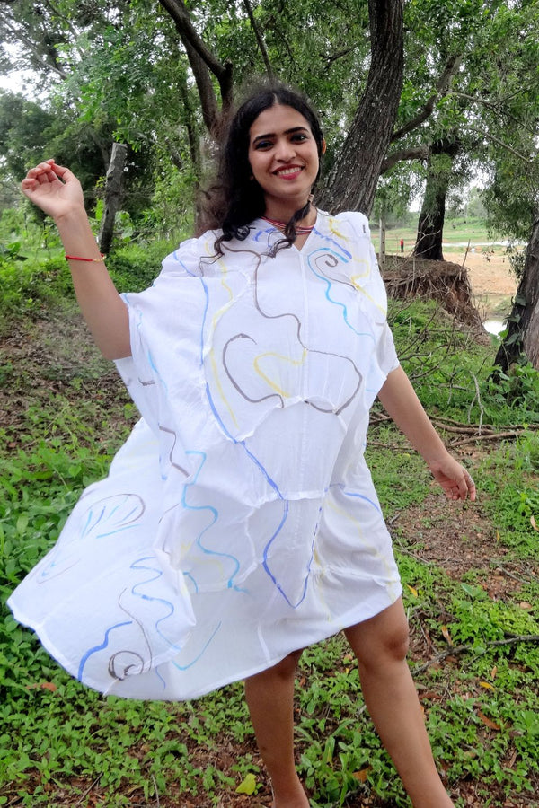 Asian In Me |Cotton Women's White Hand-Painted & Anti-Fit Dress | Zero-Waste Design | DC Path To Infinity Dress