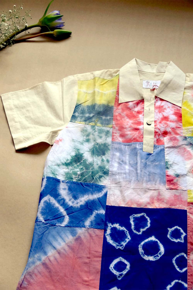 Asian In Me | Cotton Men's Multicolor Tie-Dye Fabric Patchwork Polo-Shirt | Tie-Dye Polo Shirt