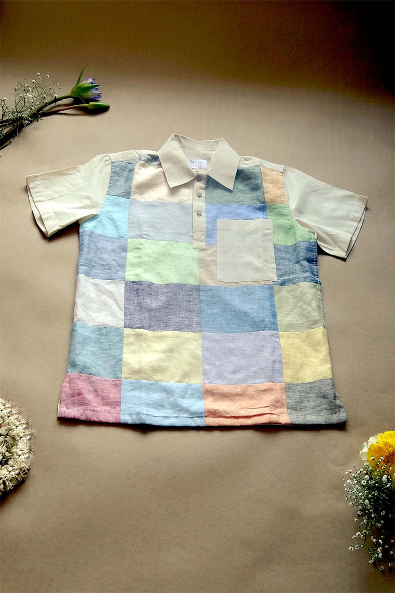 Asian In Me |Cotton Men's Multiclor Upcycled Fabric Polo-Shirt | Patched Sky Shirt