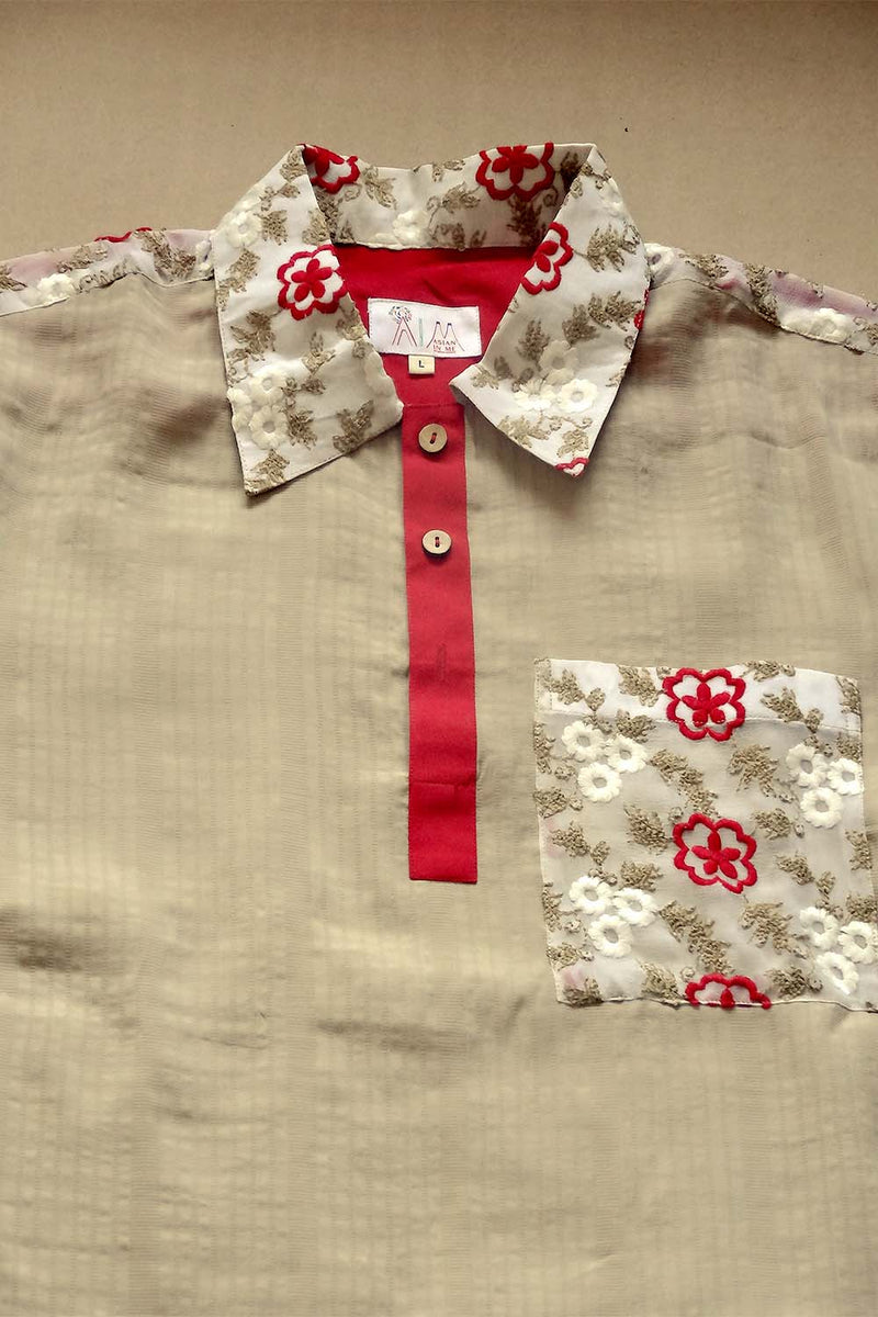 Asian In Me | Men's Brown & Red Upcycled Fabric Polo-Shirt | Flower Flame