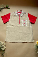 Asian In Me | Men's Brown & Red Upcycled Fabric Polo-Shirt | Flower Flame