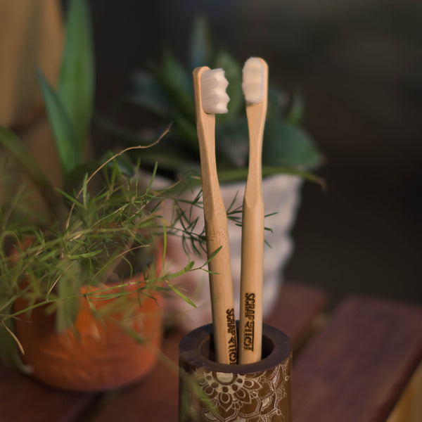 Scrapshala Round Handle Ultra-Soft Zig-Zag Bristles Natural Bamboo Toothbrush Set