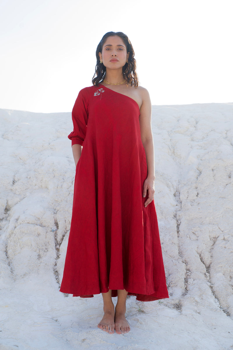 The Loom Art Ruby Red Handwoven Chanderi Silk Dress