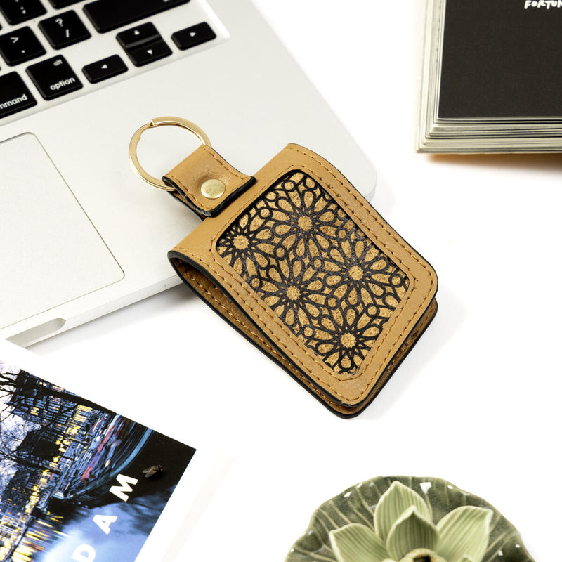 Green Hermitage Key Chain Corporate Gift Plant Leather & Printed Cork| Name Tag Pocket Inside (Caramel)