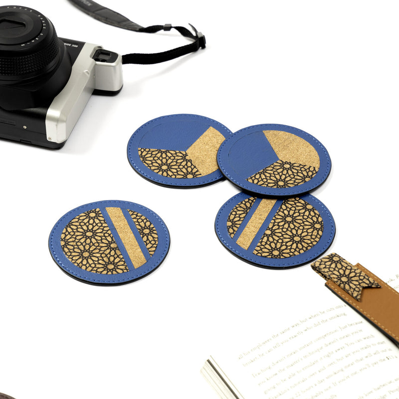 Green Hermitage Coasters Corporate Gift Banana Leather & Printed Cork | Set of 4 (Blue)