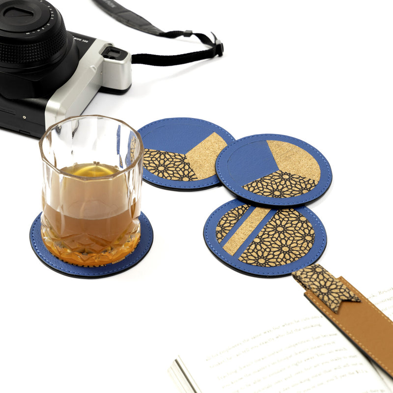 Green Hermitage Coasters Corporate Gift Banana Leather & Printed Cork | Set of 4 (Blue)