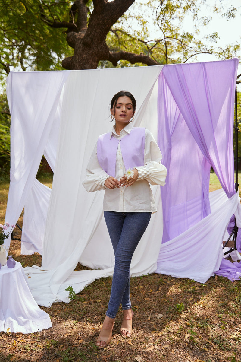 The Conscious Closet White and Cold Purple Into The Cold Shirt Set
