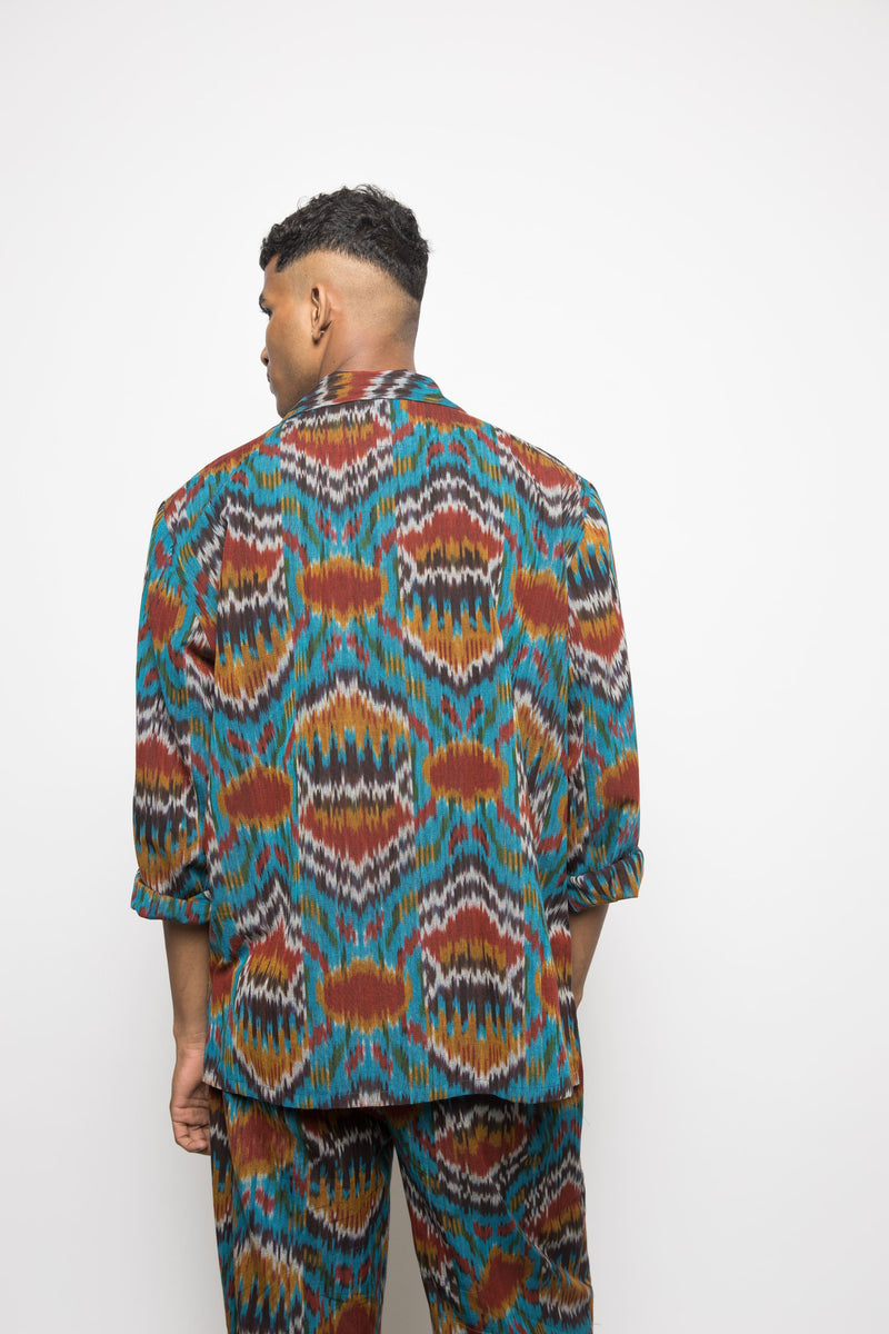 Anushé Pirani Handwoven Cotton Ikat Men's Turquoise Shirt