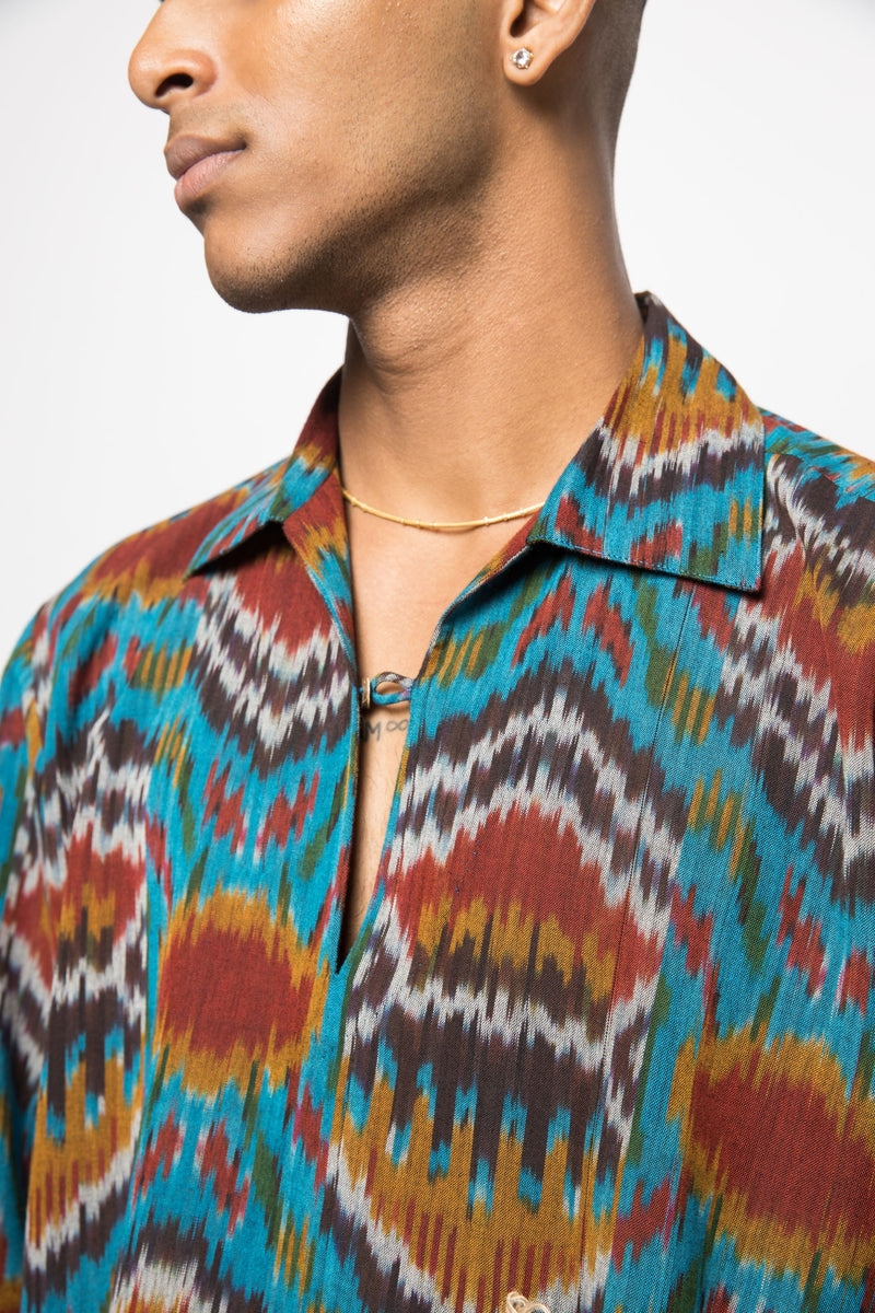 Anushé Pirani Handwoven Cotton Ikat Men's Turquoise Shirt