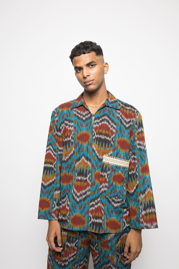 Anushé Pirani Handwoven Cotton Ikat Men's Turquoise Shirt