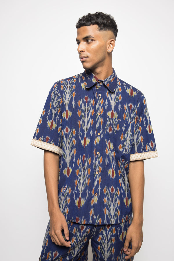 Anushé Pirani Handwoven Cotton Ikat Men's Royal Blue Shirt