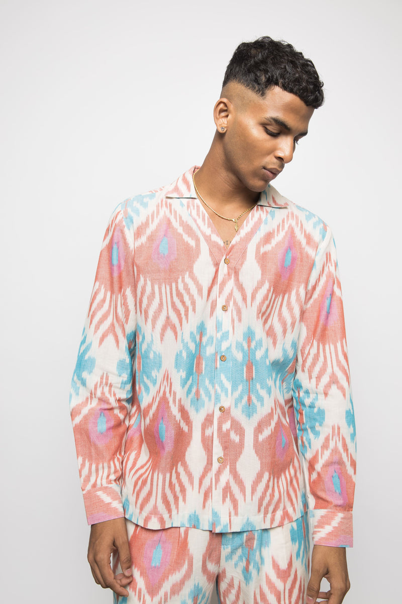 Anushé Pirani Handwoven Cotton Ikat Men's White/Blue/Pink Shirt